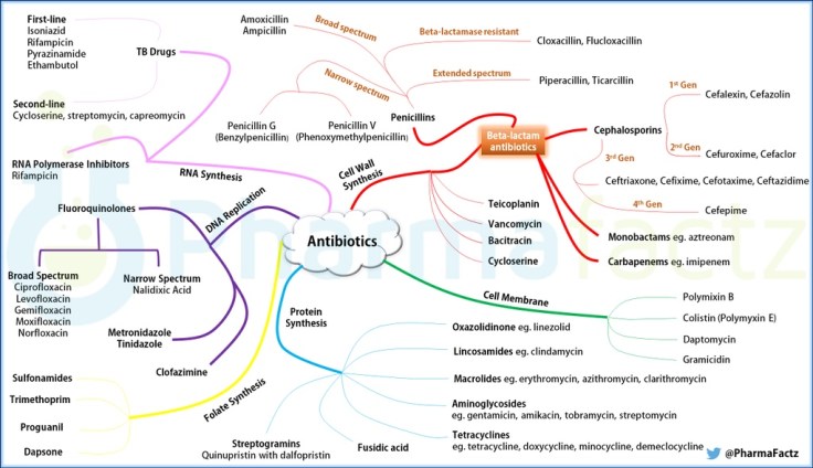 Mapa de antibióticos según su mecanismo de acción. Via @PharmaFactz
